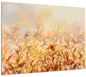 Sklenený obraz - Listy vo farbách jesene, olejomaľba (70x50 cm)