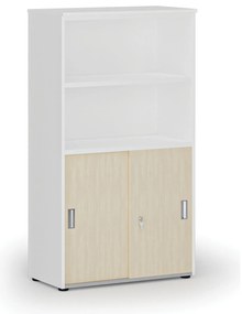 Kombinovaná kancelárska skriňa PRIMO WHITE, zasúvacie dvere na 2 poschodia, 800 x 420 x 1434 mm, biela/breza