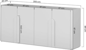 Štýlová komoda Amilio 200 cm so štyrmi dverami - kasmír / olejovaný dub / úchyty svetlý dub - Výstavný predaj