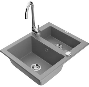 Mexen Carlos, granitový drez 582x475x177 mm, 1,5-komorový a chrómová drezová batéria Telma, šedá, 6518-71-670200-00