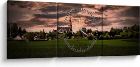Obraz krajiny s kostolom (s hodinami) (90x30 cm)