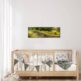 Obraz - Rieka pri lese, olejomaľba (s hodinami) (90x30 cm)
