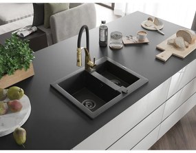 Mexen Carlos, 1,5-komorový granitový drez 582x475x177 mm a drezová batéria Aster, čierna-strieborná metalíza, 6518-73-73450-57-B