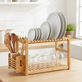 5Five® Dvojposchodový odkvapkávač BAMBOO, stojan na riad, 14 tanierov,