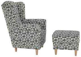 Kondela Kreslo, ušiak s taburetom, patchwork N1 látka, ASTRID