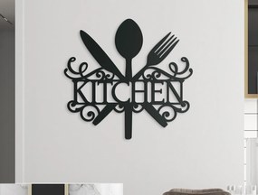 drevko Drevený nápis Kitchen s príborom a zdobením Rozmer obrazu: 32,5 x 34,5 cm, Farba dekorácie: Čierna