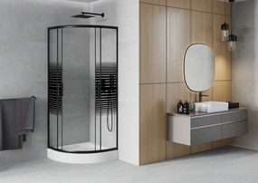 Mexen Rio, štvrťkruhový sprchovací kút s posuvnými dverami 70(dvere) x 70(dvere) x 190 cm, 6mm číre sklo s pásikmi, čierny profil + biela sprchová vanička RIO, 863-070-070-70-20-4710