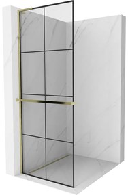 Mexen Kioto+ L, sprchová zástena Walk-In s poličkou a vešiakom 80 x 200 cm, 8mm číre sklo čierny vzor, zlatý lesklý profil,800-080-123-50-77