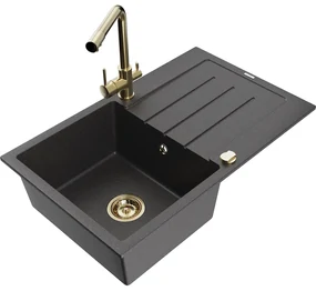 Mexen Bruno, 1-komorový granitový drez s odkvapkávačom 795x495x200 mm a zlatá batéria Duero, čierna škvrnitá, 6513-76-671600-50
