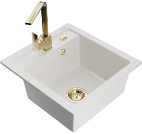 Mexen Vito, 1-komorový granitový drez 520x490x210 mm, zlatá batéria Rita, biela, 6503-20-670300-50