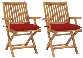 Záhradné stoličky 2 ks, červené podložky, tíkový masív 3062427