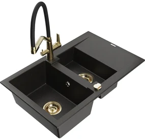 Mexen Gaspar, granitový drez 737x475x177 mm, 1,5-komorový a drezová batéria Duo, čierna-zlatá metalíza, 6507-75-671701-57-G