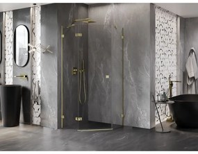 Mexen Lunar, päťuholníkový sprchový kút s ľavým sklonom 90 x 90 cm, 8mm číre sklo, zlatý profil, 831-090L-090P-50-00-L