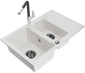 Mexen Gaspar, 1,5-komorový granitový drez 737x475x177 mm a drezová batéria Flora, biela, 6507-20-670401-07-B
