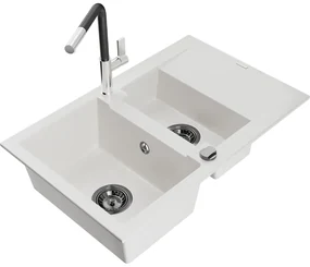Mexen Gaspar, 1,5-komorový granitový drez 737x475x177 mm a drezová batéria Flora, biela, 6507-20-670401-07-B