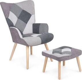 Relaxačné kreslo ušiak LISA + taburet — masív, látka, čiernobiely patchwork