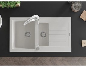 Mexen Matias, granitový drez 900x505x200 mm, 1,5-komorový a drezová batéria Aster, biela, 6502-20-73450-02