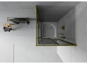 Mexen Rio, štvorcový sprchovací kút s posuvnými dverami 70(dvere) x 70(dvere) x 190 cm, 6mm šedé sklo, zlatý profil + biela sprchová vanička RIO, 860-070-070-50-40-4510
