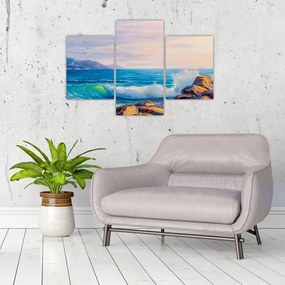 Obraz vĺn narážajúcich na útesy, olejomaľba (90x60 cm)