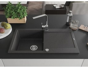 Mexen Leo, drez granitový 900x500x190 mm, 1-komorový, čierna škvrnitá s chrómovým sifónom a chrómová drezová batéria Rita, 6501-76-670300-00