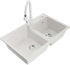 Mexen Tomas, 2-komorový granitový drez 800x500x190 mm a drezová batéria Elia, biela, 6516-20-670101-20