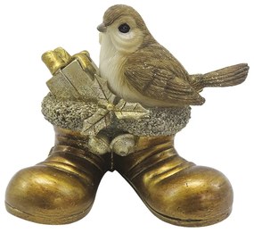 Zlatá antik vianočná dekorácia vtáčik s darčekom - 10*7*9 cm