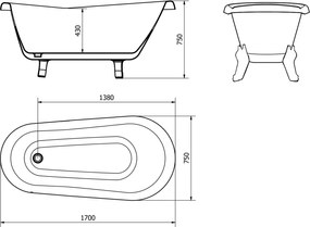 Mexen Retro, voľne stojaca vaňa 170 x 75 cm, biela, čierne nohy, 53251707500-70
