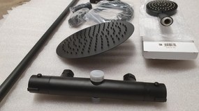 Mexen termostatický sprchový set,  sprchová batéria KAI s horným uchytením sprchy + sprchová sada s hornou hlavicou oval ?25cm X, 3/4", čierna, 77150-70 + 79392-70