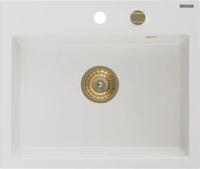 Mexen Oscar žulový drez 1-komorový 580 x 490 mm, biely, sifón zlatý - 6519581000-20-G