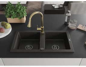 Mexen Mario, 2-komorový granitový drez 820x436x161 mm a drezová batéria Elia, čierna-zlatá metalíza, 6504-75-670101-50-B