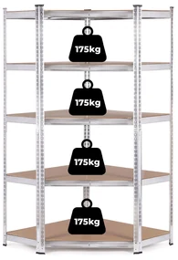 Rohový úložný regál 180x90x40 cm, 5 políc, nosnosť 875 kg, ModernHome