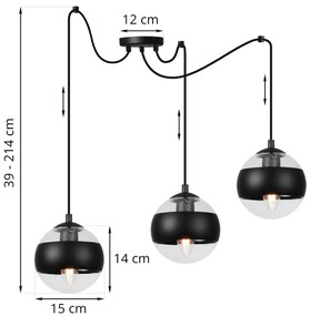 Light Home Závesne svietidlo Toledo Spider, 3x čierne/transparentné sklenené tienidlo, B