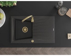 Mexen Cesar, granitový drez 775x470x190 mm, 1-komorový, čierna škvrnitá so zlatým sifónom, 6514771010-76-G