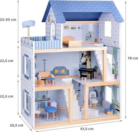 JOKOMISIADA Drevený modrý domček pre bábiky + nábytok, 3 poschodia, terasa ZA5273