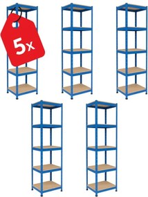 Akcia 5x Regál 180x40x40 cm lakovaný 5-policový, nosnosť 875 kg - modrý