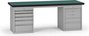 Pracovný stôl do dielne G8, 2100 x 750 x 800 mm, 2x kontejner, 10 zásuviek, sivá