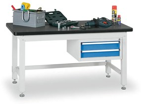 Pracovný stôl do dielne BL so závesným boxom na náradie, MDF + PVC doska, 2 zásuvky, 1500 x 750 x 800 mm