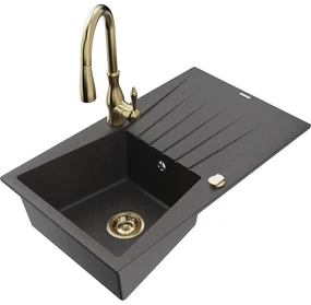 Mexen Cesar, 1-komorový granitový drez 775x470x190 mm a drezová batéria Savita, čierna škvrtnitá, 6514-76-672601-50
