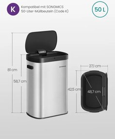 Automatický odpadkový kôš 50 l SONGMICS LTB640E01 strieborný