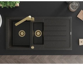 Mexen Andres, granitový drez 1000x500x200 mm, 1,5-komorový, čierna - zlatá metalíza so zlatým sifónom a zlatá drezová batéria Rita, 6515-75-670300-50