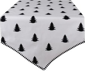 Biely bavlnený behúň na stôl so stromčekmi Black&White X-Mas - 50*160 cm