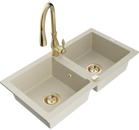 Mexen Mario, 2-komorový granitový drez 820x436x161 mm a drezová batéria Savita, béžová, 6504-69-672601-50