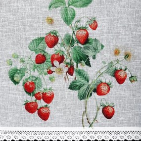 Dekorstudio Kuchynská záclonka KSENIA zdobená jahodovou potlačou a čipkou 150 x 60 cm
