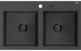 Mexen Hektor, 2-komorový granitový drez 800x480x205 mm, čierna škvrnitá, grafitový sifón, 6521802000-76-B