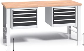 Výškovo nastaviteľný pracovný stôl do dielne G3 s 2 závesnými boxami na náradie, buková škárovka, 8 zásuviek, 1700 x 685 x 840 - 1050 mm, grafit