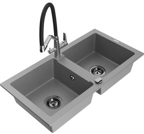 Mexen Mario, granitový drez 820x436x161 mm, 2-komorový a drezová batéria Duo, šedá, 6504-71-671701-07-B
