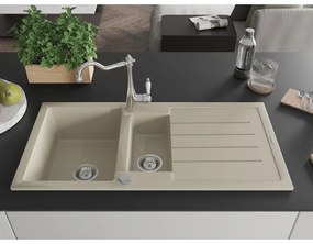 Mexen Andres, granitový drez 1000x500x200 mm, 1,5-komorový a drezová batéria Carla, béžová, 6515-69-670700-00