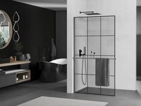 Mexen Kioto+ L, sprchová zástena Walk-In s poličkou a vešiakom 120 x 200 cm, 8mm číre sklo čierny vzor, grafitový profil, 800-120-123-95-77