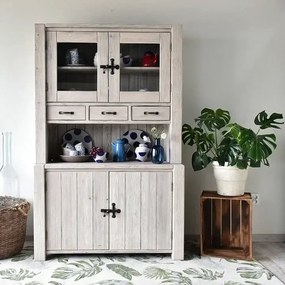 Úzky vidiecky patinovaný príborník s polvitrínou, 120x48x190 cm