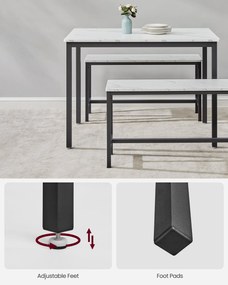 Jedálenský stôl pre 4 osoby, kuchynský stôl s 2 lavicami, 109,6 x 67,6 x 73,5 cm, mramorovo biely